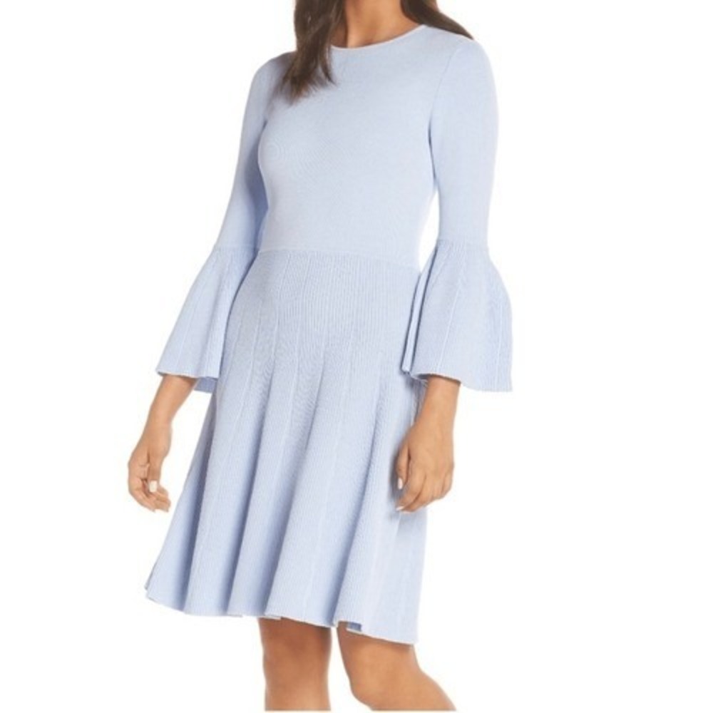 NWT Eliza J Bell Sleeve Pleated Knit‎ Dress Size M Light Blue